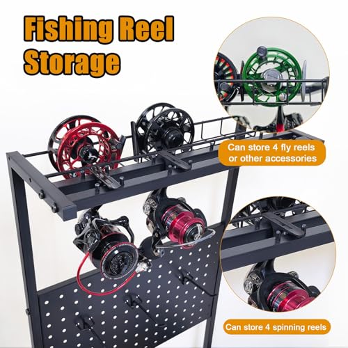 Aventik Fishing Rod Holders For Garage, 3-Tier Fishing Rod Rack Store 12 Rods& 8 Reels, Heavy Duty Pegboard Freestanding Rod Rack