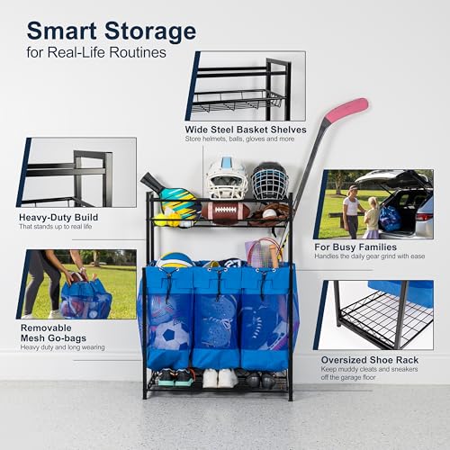 Garage Sports Equipment Organizer - Vertical Ball Storage Rack with 3 Heavy Duty Bags (black) - Metal Frame Organizer for Balls and Outdoor Gear. Home Gym Storage Organizer. Yoga Workout Organizer.