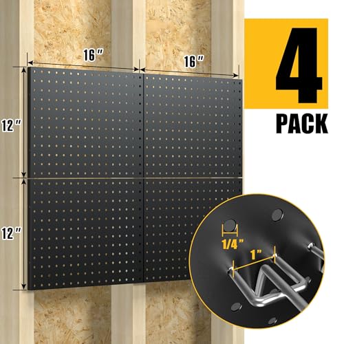 Spampur Peg Board, 4 Pack Metal Pegboard Panels with 50 Hooks, Black Pegboards Wall Organizer, Heavy Duty Peg Board for Walls Home, Garage Tool Storage, Office Organization, Craft Room, Kitchen
