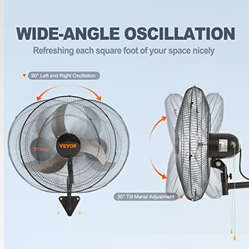 VEVOR 20 inch Wall Mount Fan Oscillating, 3-speed High Velocity Max. 4650 CFM Industrial Wall Fan for Indoor, Commercial, Residential, Warehouse, Greenhouse, Workshop, Basement, Black, ETL Listed