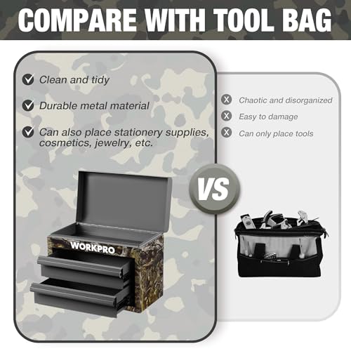 WORKPRO Metal Mini Tool Box, Top Tool Chest containing Two Drawers with Ball Bearing Slides, PVC Drawer Liners and PP Feet Pads, Durable Cold Rolled Steel Small Toolbox for Multi-Purpose Storage