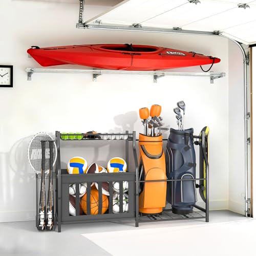 WALMANN Garage Sports Equipment Organizer, Ball Storage Stand, Indoor Golf Bags Stand for Garage