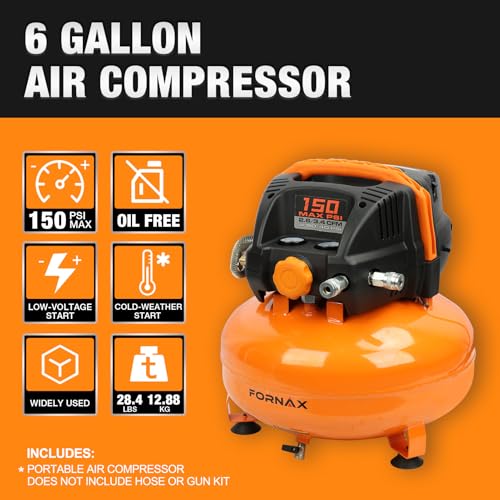 FORNAX Pancake Air Compressor with two couplers, 6 Gallon Portable Electric air compressor, 150 PSI, Oil -Free Air Compressor