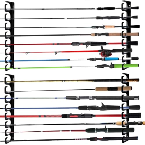 Wall Mounted Fishing Rod Rack Holder Ceiling Storage Hook Hanger Display Metal Horizontal Rack Oranizer Poles Steel Racks Holds up to 16 Rods with Soft Protective Pad for Garage Cabin and Basement
