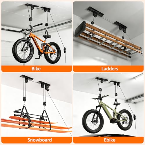NYFITY Bike Hoist,Ceiling Mount Bike Hanger,Heavy Duty Bike Hangers for Garage,Bike Pulley System for Garage,Holds Up to 100 lbs,Ceiling Bike Hanger for Ebike,Road Bike,Fat Tire,Snowboard(2 Pack)
