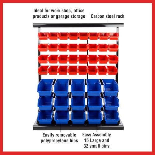 47-Bin Garage Organization Rack (15 Large, 32 Small) - Tabletop or Wall Mount Steel Rack with Removable Stackable Garage Storage Bins, Small Parts Organizer for Hardware or Office Supplies by Stalwart