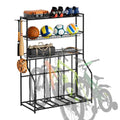 Riodalare 4 Bike Stand, Bike Rack Garage with 3-Tier Storage Baskets, Indoor Outdoor Bicycle Storage Stand Organizer, Metal Stability Floor Bicycle Station for Mountain, Road, Hybrid, Scooters