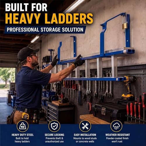 Otoolling 2 Pack Lockable Wall Ladder Rack Ladder Brackets Heavy Duty Wall Mount Storage Brackets with Securing Lock Garage Storage Hooks for Garage Workshop Organizer