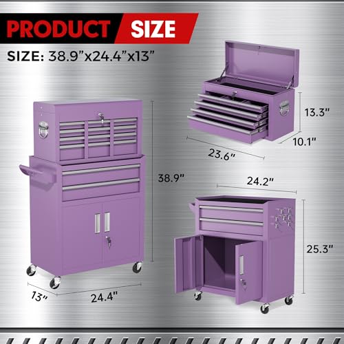 Brightpeak 8-Drawer Rolling Tool Chest – Heavy-Duty Steel Tool Cabinet with Detachable Top Box & Locking Wheels – Secure 2-in-1 Garage Workshop Storage, Tool Organizer(Purple)