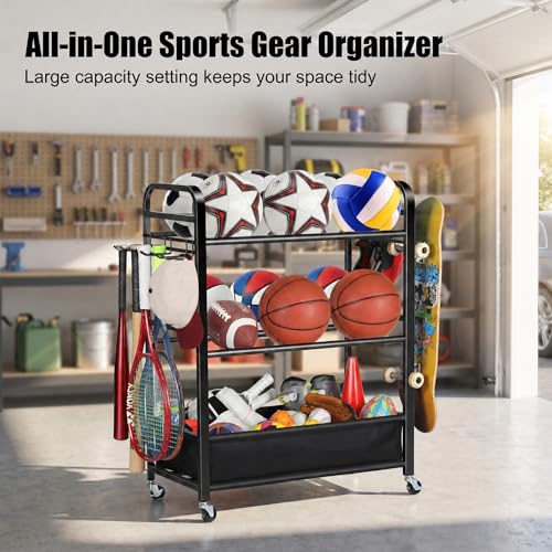 EXTCCT Ball Storage Sports Equipment Organizer - Garage Storage Cart Rolling Ball Storage Rack with Hooks Wheels Outdoor Indoor Gym Gear Toy Holder Bin for Basketball, Baseball, Soccer