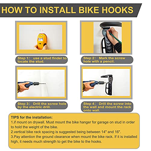 Laxama Bike Rack for Garage Wall Mount 4 Pack Vertical Bike Hooks Bicycle Hanging Hooks for Indoor Storage with Non-reversible Hooks