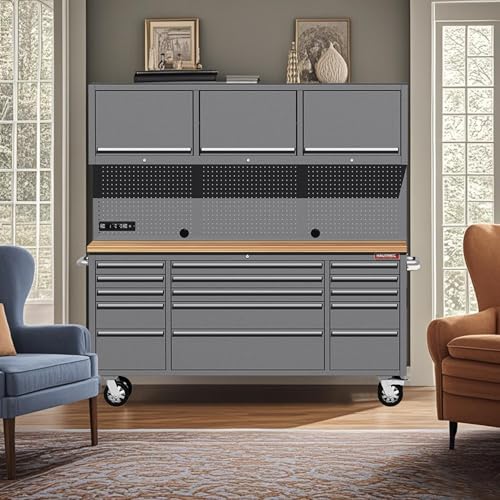 HAUTMEC 72" Rolling Tool Chest, Heavy-Duty Tool Cabinet with Wheels, Garage Workbench with 15 Drawers, 3 Upper Cabinets, Pegboard & 51 Hooks, Oak Worktop & Power Strip – HT0428