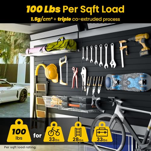 AQOVOR SlatWall Paneling 4x2 FT, PVC Slat Wall Panels with 8 Hooks Heavy-Duty Garage Organization System, Slatwall Pegboard Suitable for Home、Garage、Shop Wall Display & Organization (Black)