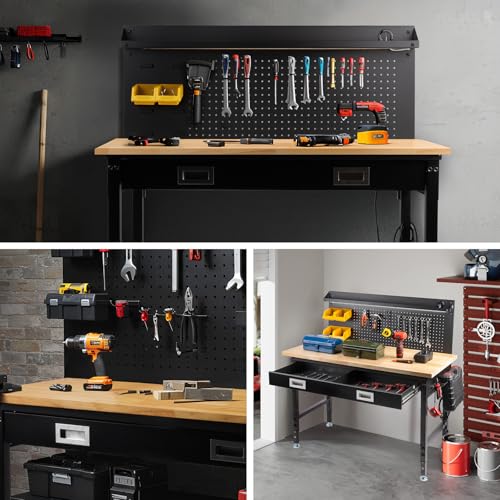 MUWOOD 60" Workbench with Drawers, Work Benches for Garage with Strip Light, Adjustable Work Table with Large Pegboard, 2000 LBS Heavy Duty Table with Power Outlet Rubber Wood for Garage, Office