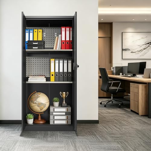 Marcree Metal Storage Cabinet with Digital Lock, 70" Tall Locker with Alarm System, Black File Storage Cabinet with Door and Adjustable Shelves, Pegboard, Hooks, Gun Rack for Home Garage Office