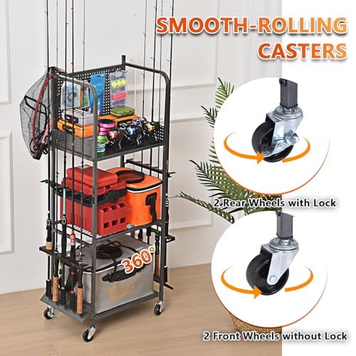 Lezbanz Heavy Duty Fishing Rod Rack with Pegboard & Hooks, Fishing Organizer for Garage Holds Up to 10 Rods, 3-Tier Fishing Gear Holder for Garage with Movable Wheels