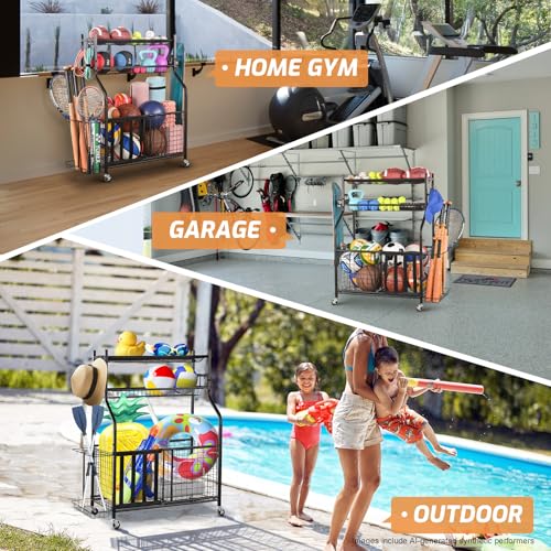 PLKOW Sports Equipment Organizer - Garage Storage Rack with Basket and Hooks, Garage Ball Storage for Toy and Sports Gear, Black