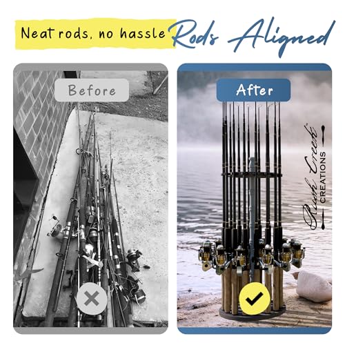Rush Creek Creations 16-Rod Round Fishing Rod Holder for Garage, 360° Access Fishing Pole Holder for Fishing Rods, Reels, and Gear, Securely Holds 16 Rods, Barnwood