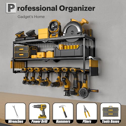 Spampur Power Tool Organizer Wall Mount, 15 Min Assembly & Maximum 100lb load by Heavy Duty Metal, 8 Drill Holder, 3 Layers Garage organization and Storage Rack, Tool Shelf With Battery Holder