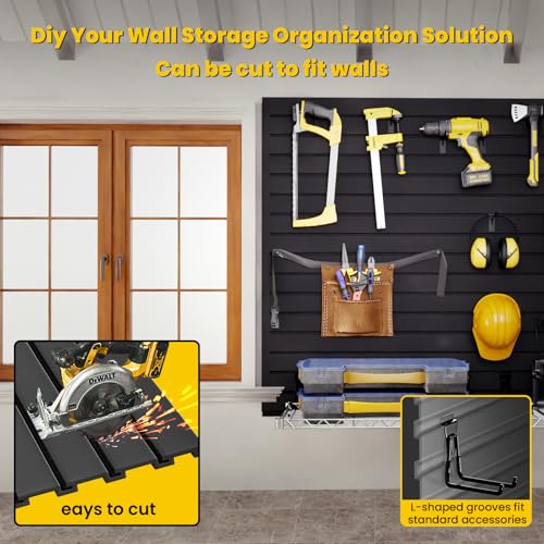 AQOVOR SlatWall Paneling 4x2 FT, PVC Slat Wall Panels with 8 Hooks Heavy-Duty Garage Organization System, Slatwall Pegboard Suitable for Home、Garage、Shop Wall Display & Organization (Black)