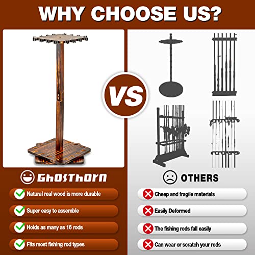 Ghosthorn Fishing Rod Holders for Garage, Fishing Gear and Equipment Tackle Storage Cart Pole Rod Rack, Hold up to 16 Rods, 360 Degree Rotating, Wood