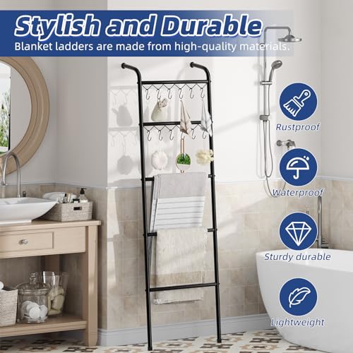 Simple Trending Blanket Ladder，5 Tier Metal Towel Rack with 12 Hooks, 79'' Metal Style Decorative Ladder for The Living Room Bedroom Bathroom Home Decor, Black