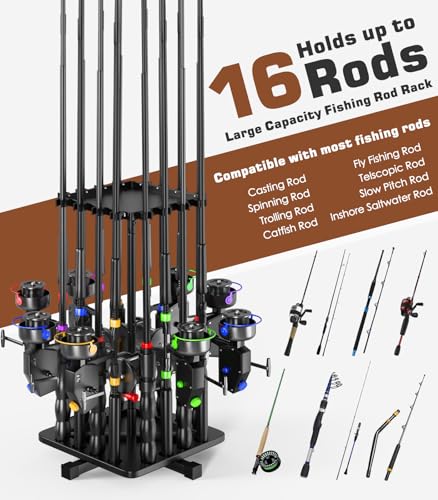 Roylvan Fishing Rod Holders for Garage, 360° Rotating Vertical Fishing Rod Rack, Metal Fishing Pole Stand Holds 16 Rods, Fishing Gear Equipment Storage Organizer for Ground, Fishing Gifts for Men