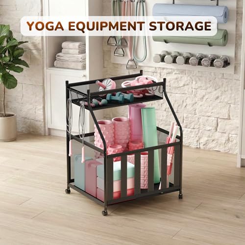 CACHOLIV Garage Sports Equipment Organizer with Wheels - Garage Ball Storage with Elastic Rope and 6 Hooks - Home Gym Storage for Basketball Soccer - Outdoor Storage Rack for School Playground (Black)