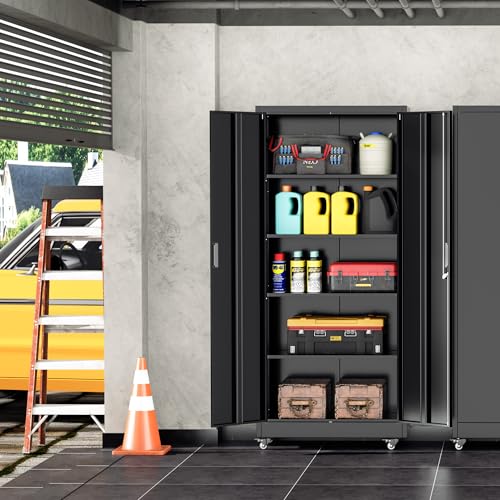 INTERGREAT Metal Storage Cabinet with Wheels, 73" Garage Storage Cabinets with Door and 4 Shelves, Tool Storage Locker on Caster for Home, Office, Black