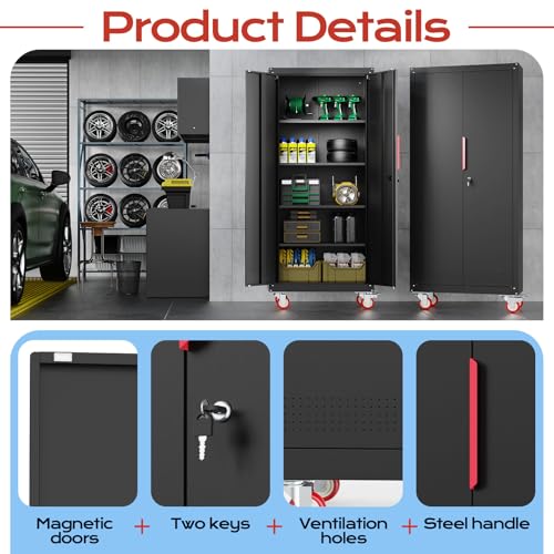 LMTC 71" H Garage Storage Cabinet with 4 Adjustable Shelves and Wheels, Lockable Metal Storage Cabinet for Garage, Home, Warehouse, Assembly Required,Black