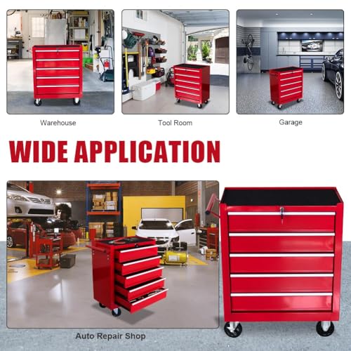 Torin 5 Drawer Tool Chest on Wheels, Rolling Garage Tool Storage Cabinet Workshop Organizer with Locking System for Garage, Warehouse, Workshop, Repair Shop