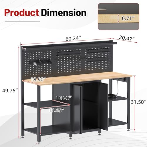 JFHID 60’’ Workbench and Garage Cabinet Storage System 2000LBS Heavy Duty Work Bench Table with Top Storage Panel Wrench Holder Hammer Rack Hooks Screwdriver Rack Charge Station Tool Organizer