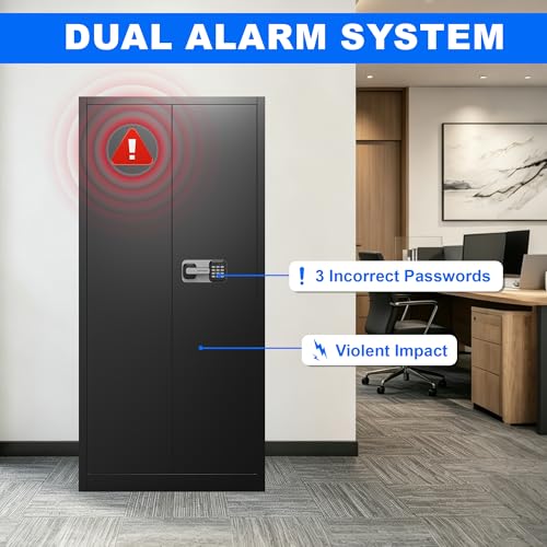 Marcree Metal Storage Cabinet with Digital Lock, 70" Tall Locker with Alarm System, Black File Storage Cabinet with Door and Adjustable Shelves, Pegboard, Hooks, Gun Rack for Home Garage Office