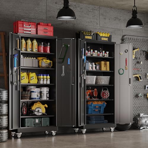 SUXXAN Metal Storage Cabinet with Wheels and Pegboard, 71" Tall Industrial Heavy Duty Steel Cabinet with 5 Adjustable Shelves & Locking Doors for Garage, Office, Pantry, Warehouse, Black