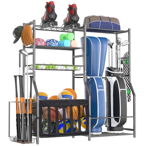 organizelink Heavy Duty Garage Sports Equipment Organizer, All-in-One Golf Bag Storage Rack & Multi-Sport Ball Holder for Basketballs, Bats & Kids Toys, Indoor/Outdoor Free Standing Gear Bin