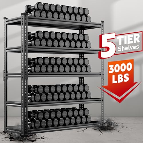 Lauxery 5 Tier Metal Garage Shelving Unit 72x48x24-3000LBS Heavy Duty Storage Rack, Adjustable Boltless Wide Shelves, Freestanding Utility Shelf