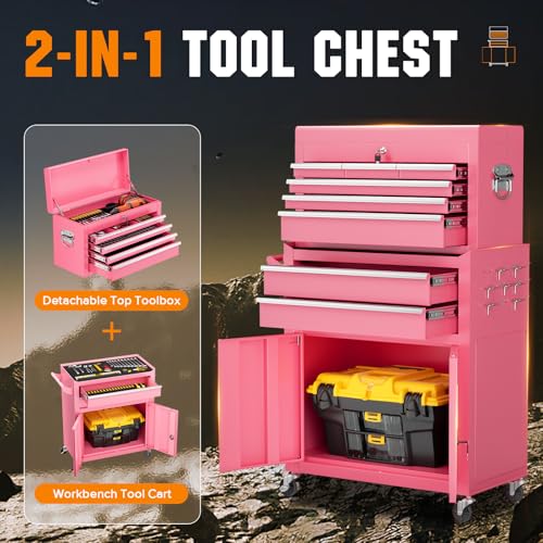 Crownland 8 Drawer Rolling Tool Chest with Wheels, Lockable 2 in 1 Detachable Tool Cabinet wit Drawers and Black Liners, Garage Top Toolbox and Bottom Storage Cart with Side Hooks,Pink