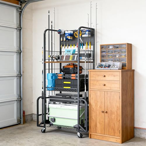 Geznhs Fishing Rod Holders for Garage - Rolling Fishing Pole Rack Organizer with Pegboard & Lockable Wheels, 3 Tier Fishing Gear Storage Holds 10 Rod & Reel Combos, Tackle Box Organizer for Anglers