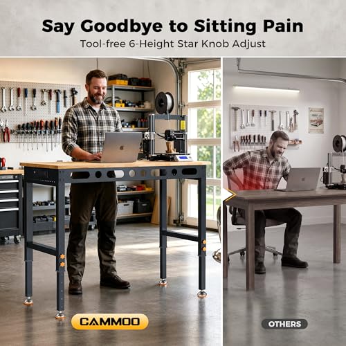 CAMMOO 48 Inch Adjustable Workbench 2000 LBS Capacity, Power Strip, Solid Rubber Wood Top, Heavy Duty Craft Work Table for Home, Garage, Workshop, and Office