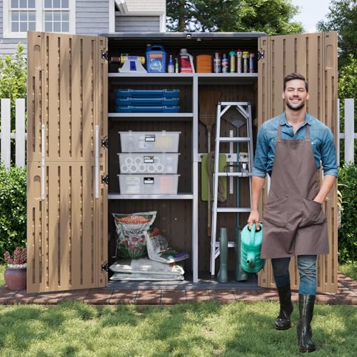 Aoxun 64 Cu.Ft Resin Outdoor Storage Shed with Floor, Large Outdoor Storage Cabinet, Vertical Storage Sheds with Floor, Waterproof Storage Cabinet for Garage Shed, Garden Tools, Pool Equipment, Brown