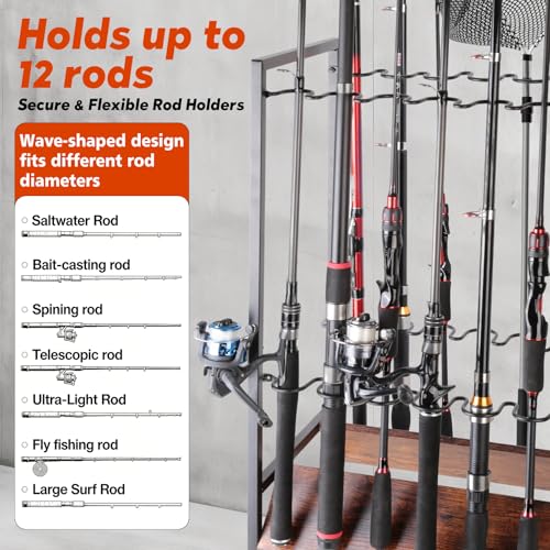 XOOL Fishing Rod Storage Rack for Garage, Holds up to 12 Rods, Heavy Duty Fishing Gear Organizer with Pegboard, 3-Tier Metal Stand with Shelves, Hooks & Accessory Storage