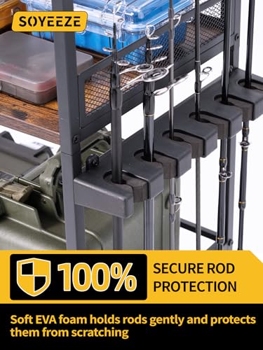 SOYEEZE Fishing Rod Holders for Garage, Fishing Pole Holders Up to 12 Rods with Pegboard and Hooks,Rolling Fishing Cart with Wheels, Fishing Gear Storage For Tackle Box & Reel Organization