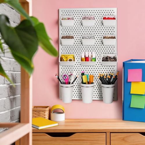 G.CORE 12 Pack Pegboard Bins & Cups with Hooks & Loops, Peg Board Hooks Assortment Organizer Accessory, Various Tools Storage Arrange Kit for Garage Craft Workshop Workbench Hobby Office (White)