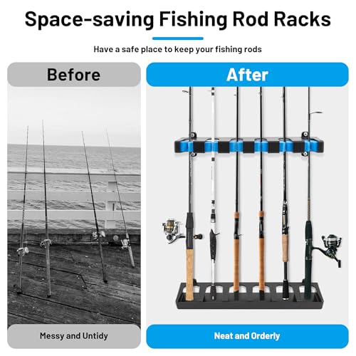 Omoojee Fishing Rod Holder Wall Mount, Fishing Pole Holders for Garage, 6-Rod Storage Racks, Fits Most Rod Diameters(Vertical Blue)