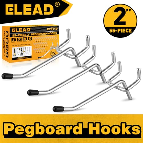 ELEAD 55-Piece 2 Inch Pegboard Hooks, Heavy Duty Peg Board Organizer Accessories, Peg Board Tool Hangers Fit for 1/4" and 1/8" Pegboard Hanging Tools Garage, Workshop, and Craft Storage