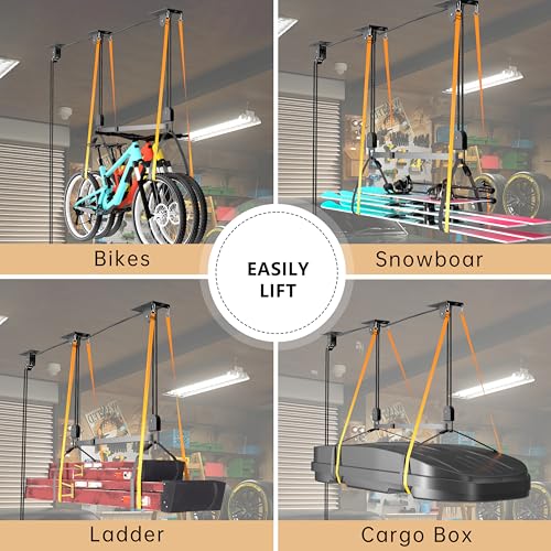 TRUSOON Upgrade Kayak Hoist for Garage Ceiling, Heavy-Duty Kayak Storage Lift Pulley System with Safety Straps, Holds Up to 150 lbs Capacity, Fit 10-18 Foot Ceilings, Black