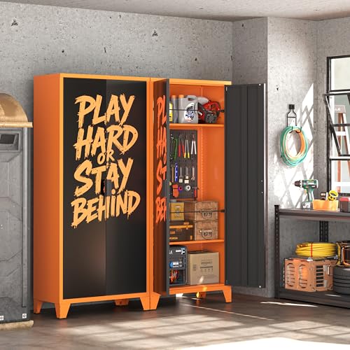 UVGHPW Garage Storage, Sports Equipment Organizer with 2 Adjustable Shelves, 2 Elastic Cords, 4 Pegboards & 5 Hooks, Ball Storage Rack for Garage, Home, Gym, School, Office, Black&Orange
