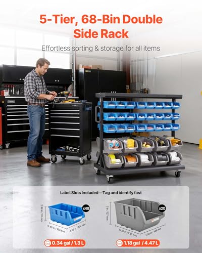 VEVOR 5-Tier Double-Sided Rolling Bin Storage Rack, 68 Plastic Bins, Dual-Sided Parts Organizer with Wheels, Mobile Tool Organizer for Garage, Warehouse, Office, Restaurant, Classroom, Kitchen