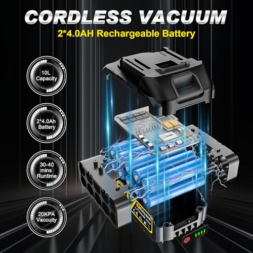 Cordless Shop Vac,3000W Brushless Motor,2x4.0Ah Battery Powered Shop Vac - 3-in-1 Wet Dry Vacuum Wet and Dry with HEPA Filter,Shoulder Strap & Accessory Storage Holder,Portable for Garage,Workshop,Car