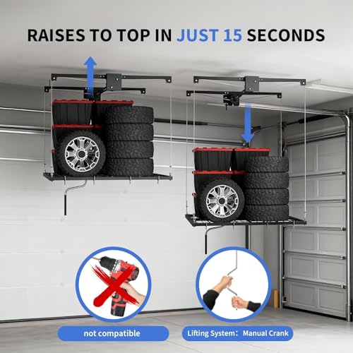 Overhead Ceiling Storage Rack 4x4 ft,Heavy-Duty Carbon Steel Garage Lifting Rack with Manual Hand Crank, Adjustable Height, 350 Lbs Capacity, Maximizes Overhead Space for Garages, Basements